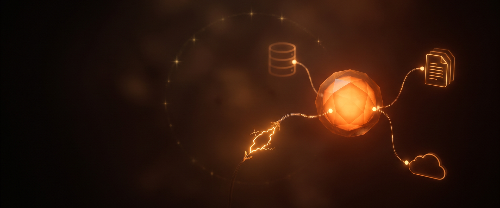 Glowing autonomous AI agent connected to enterprise systems with one broken data link — AI agent security and governance 2026