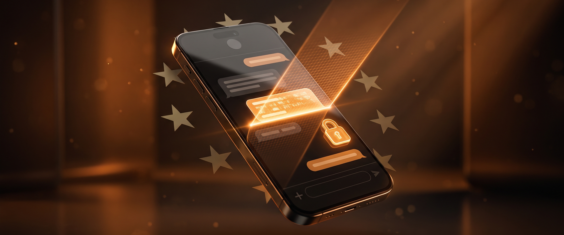 A phone with an orange scanning beam sweeping across chat messages, encircled by EU stars — EU Chat Control client-side scanning