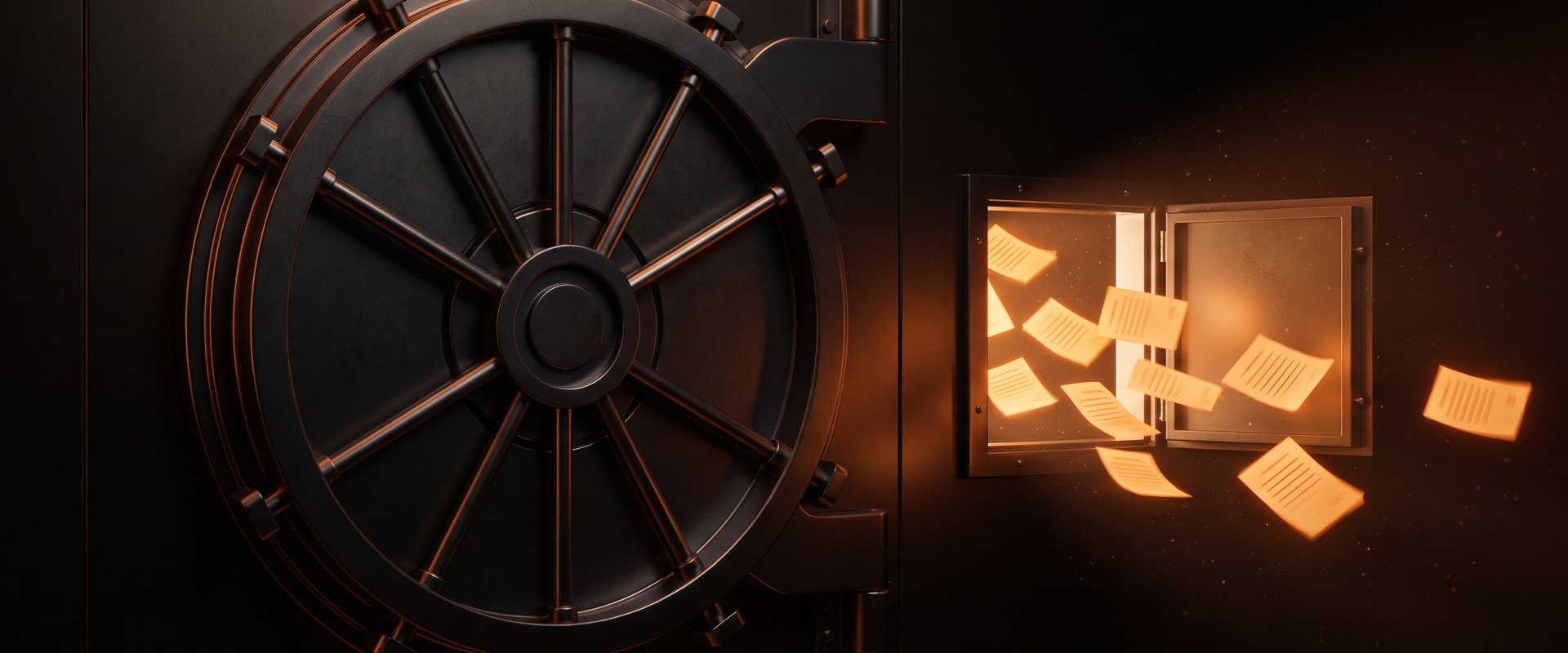 A sealed bank vault door beside a small open service hatch spilling glowing documents, illustrating third-party data breaches