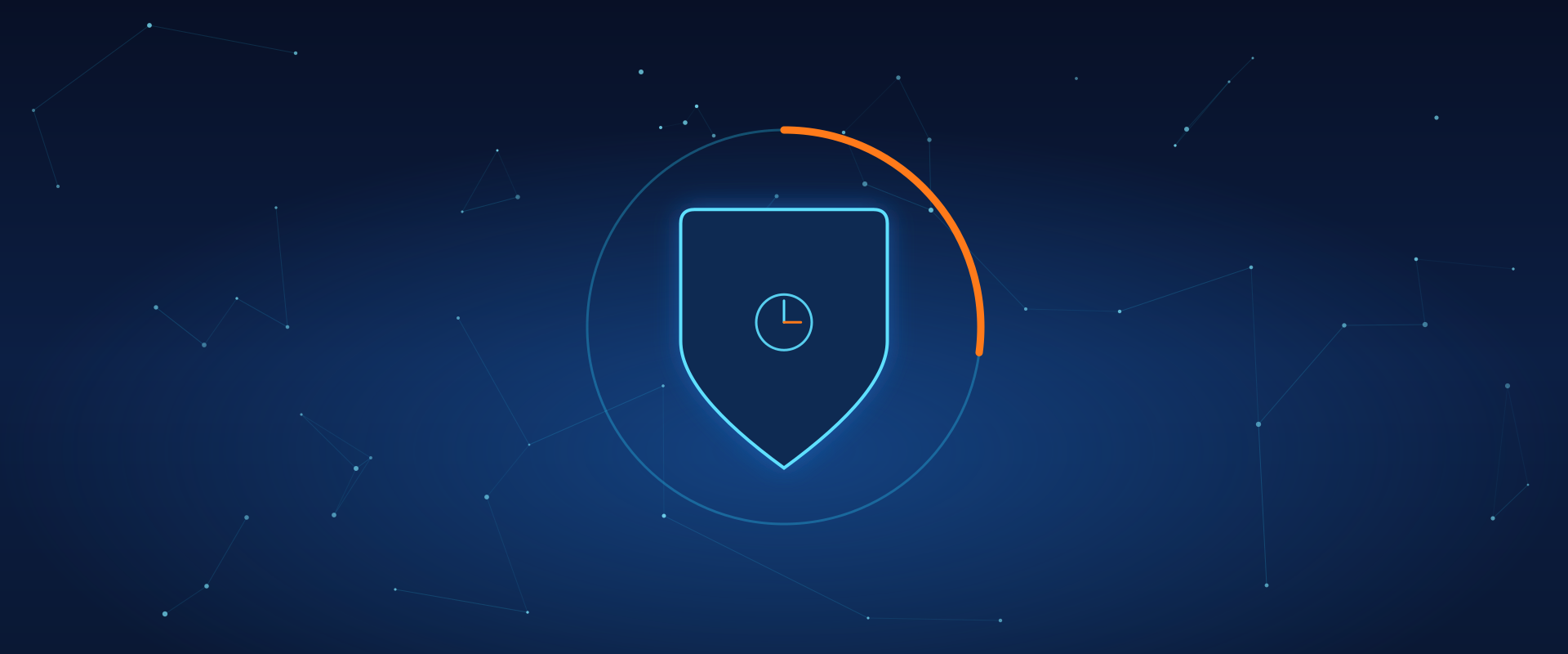 Cyber shield with a clock and an orange timer arc, symbolising the collapsing patch window in 2026