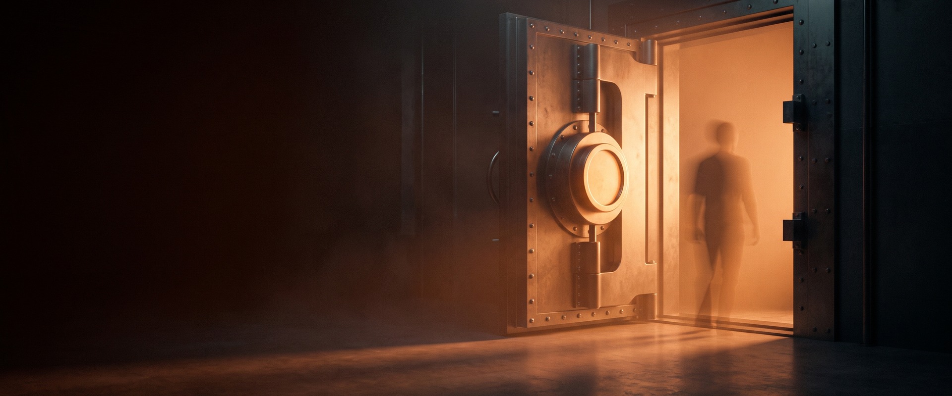 Open steel vault door with its lock still closed, warm amber light spilling through
