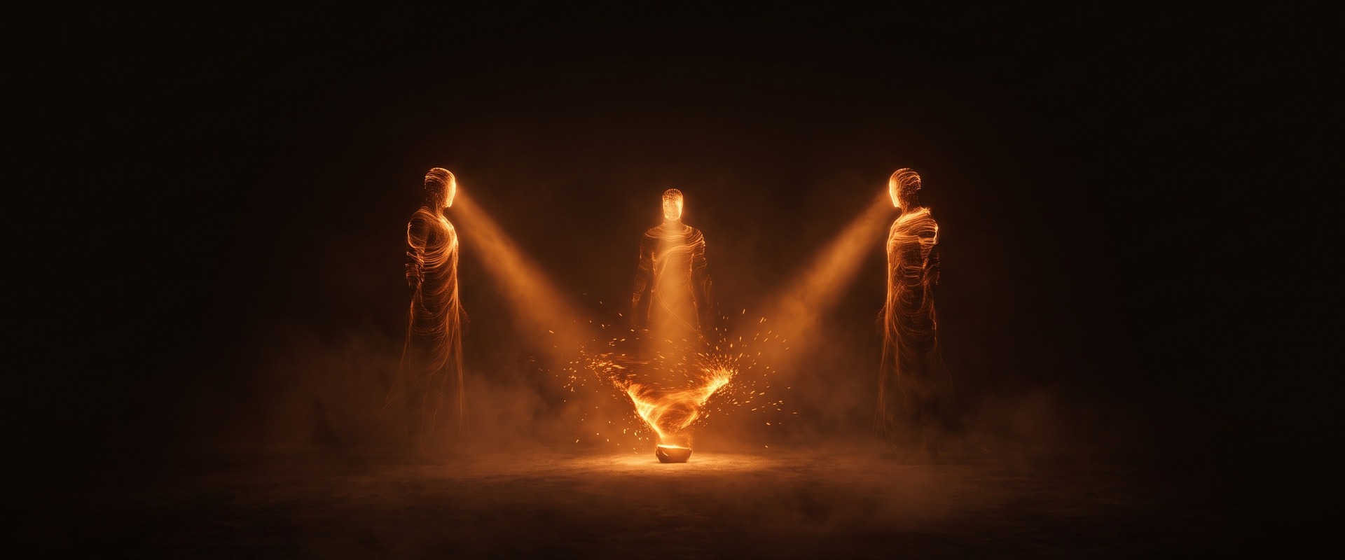 Three identical figures of amber light around a single contested glowing object throwing sparks
