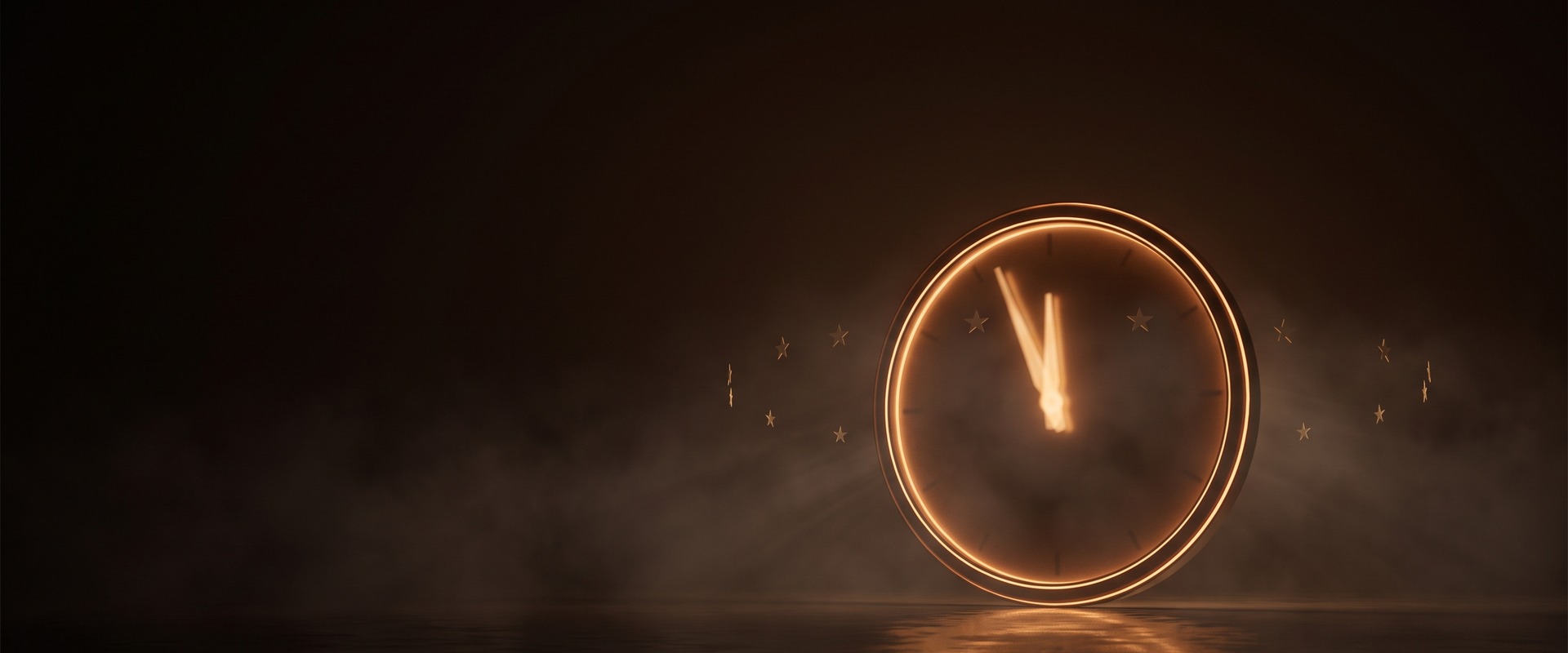 Glowing amber clock a few minutes before midnight inside a faint ring of gold EU stars
