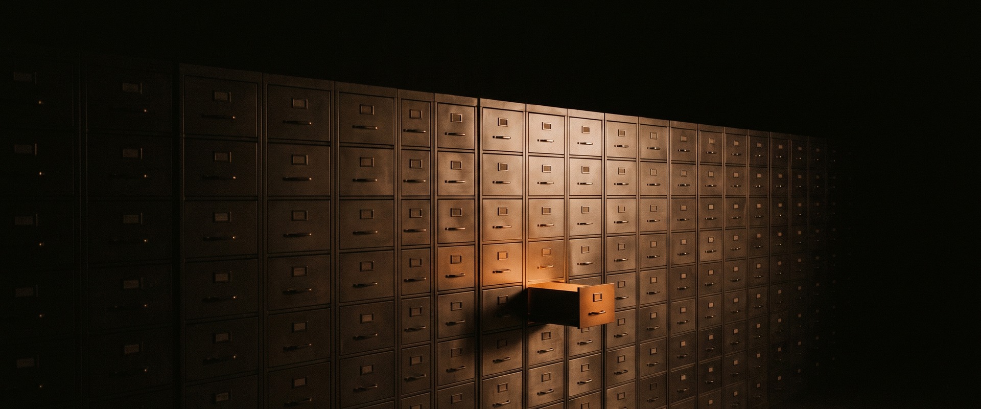 A dark wall of metal registry drawers with a single drawer open and glowing amber, evoking a central beneficial-ownership register