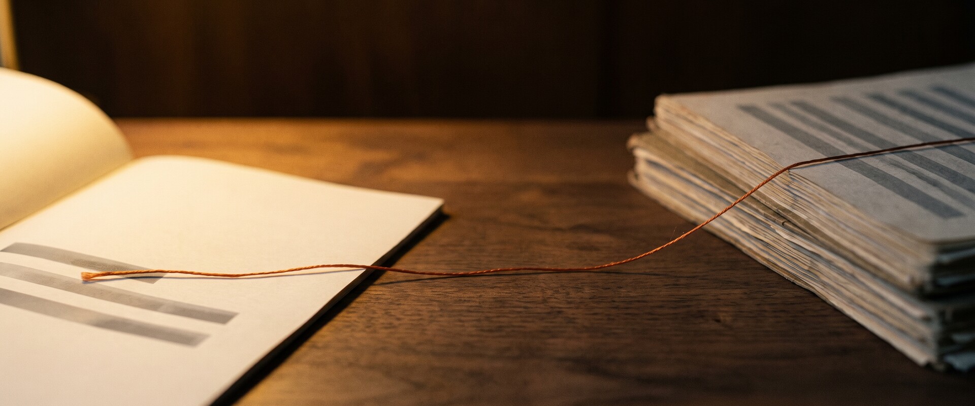 Un filo arancione teso su una scrivania di noce lega una riga di una lettera a una pagina precisa di un fascicolo: la fonte citata che collega la frase al passaggio